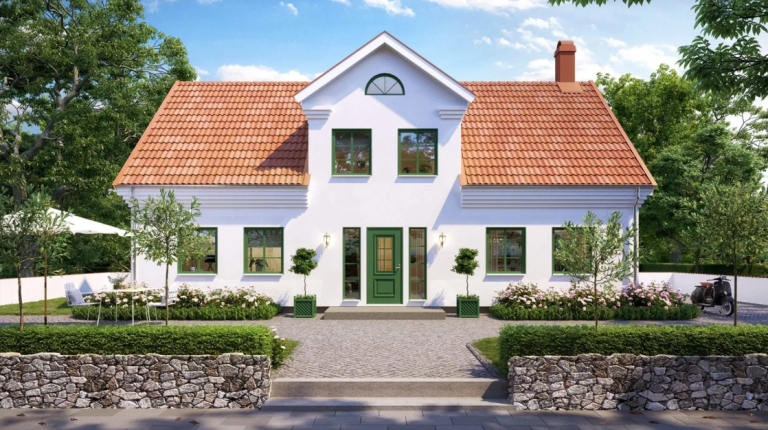 weißes Schwedenhaus mit Vorgarten