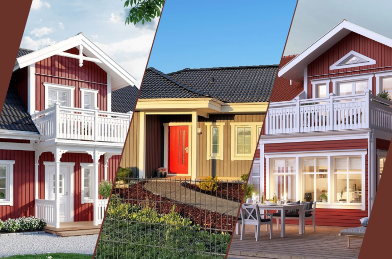 Ansicht von 3 verschiedenen Holzhäusern